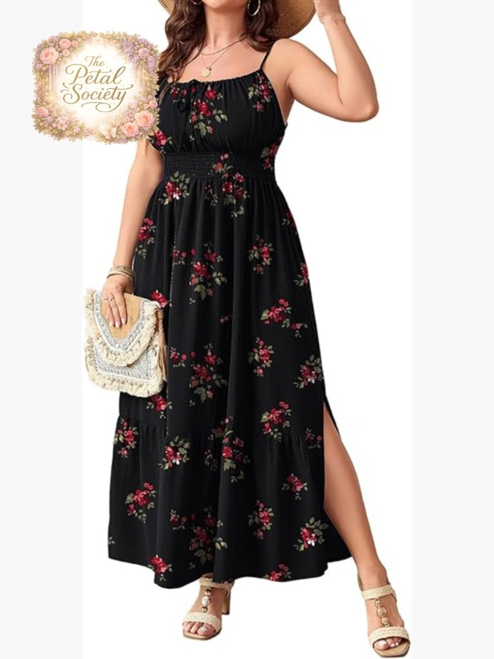 Plus Size Maxi Sundress Spaghetti Strap Smocked Waist Flowy Slit Beach Casual